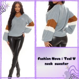 💜30% off sale💜 Fashion Nova | Teal V Neck sweater